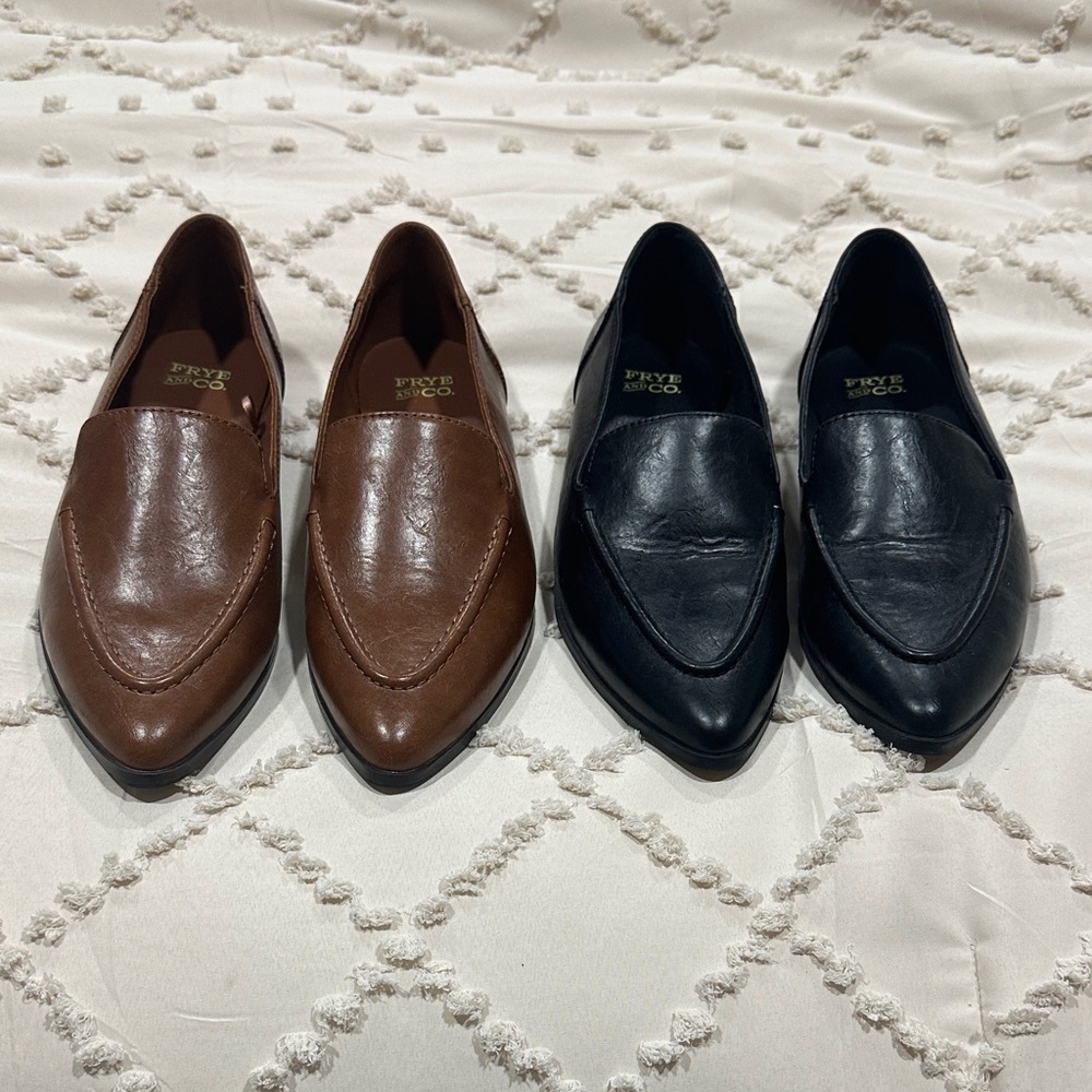 Frye and Co Pointed Toe Slip-On Loafers in Brown and Black